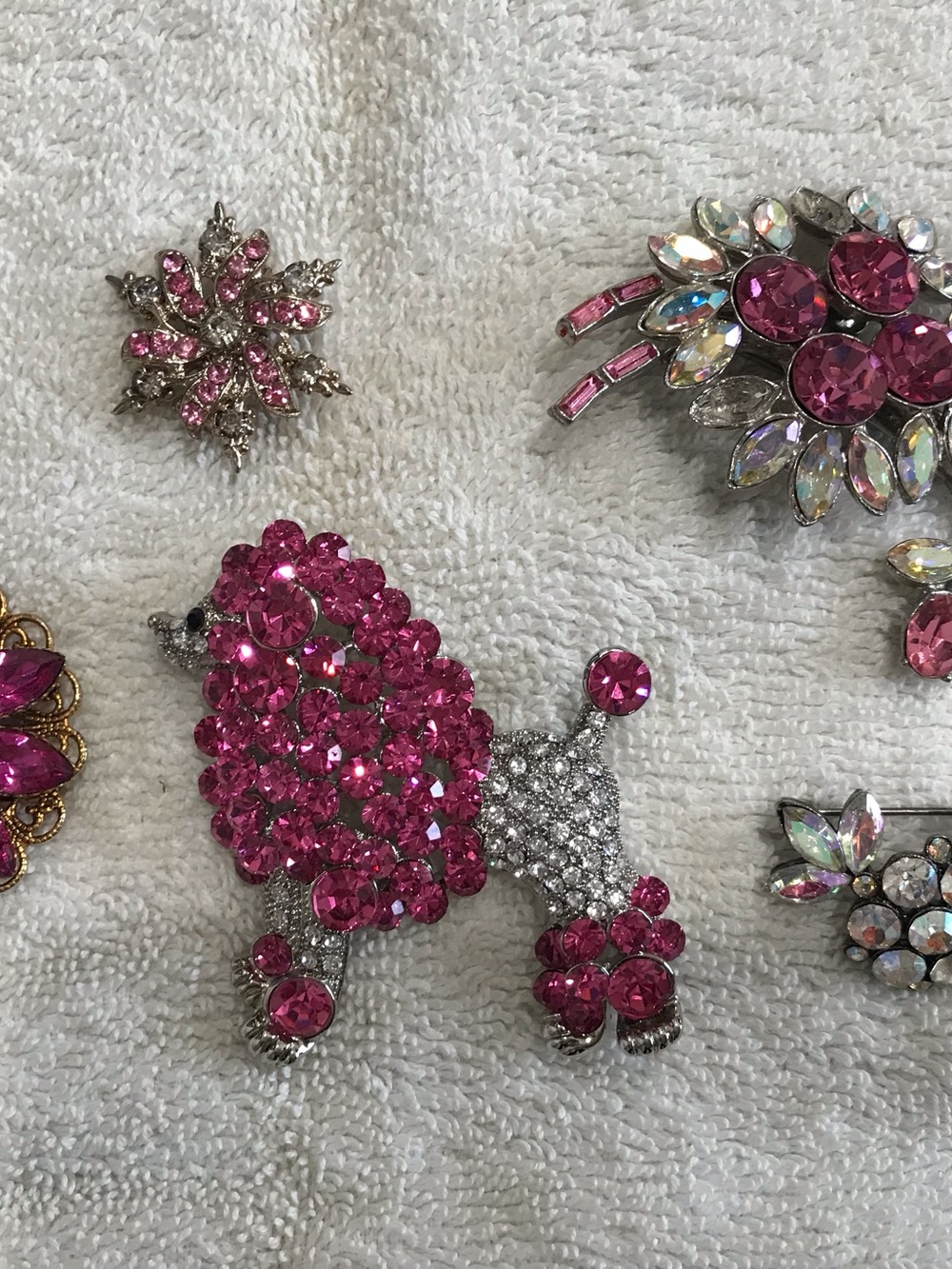 Five beautiful pink brooches includes Pink Crystal Poodle Brooch